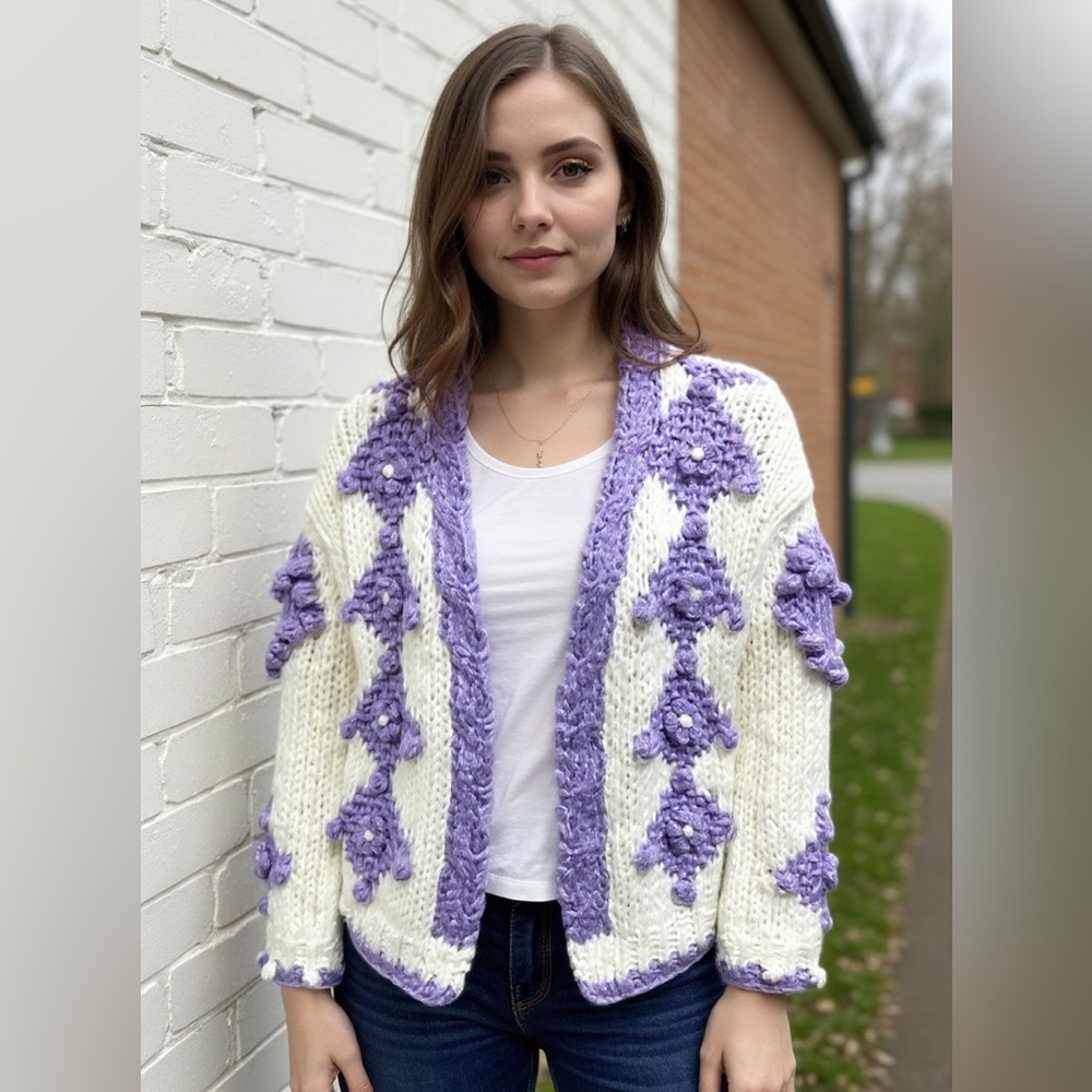 💜 POL White & Lavender pearl Chunky Knit Cardigan – Size S